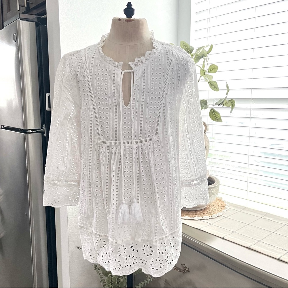 Jade Melody Tan White Eyelet Blouse
